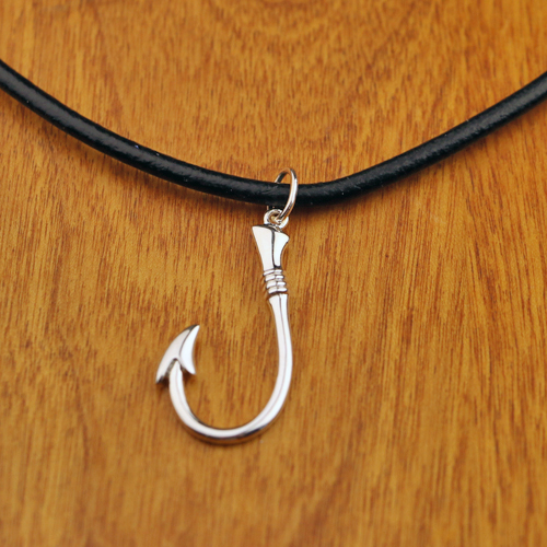 Mans Necklace, Silver Fish Hook Pendant on Thick Stainless Steel