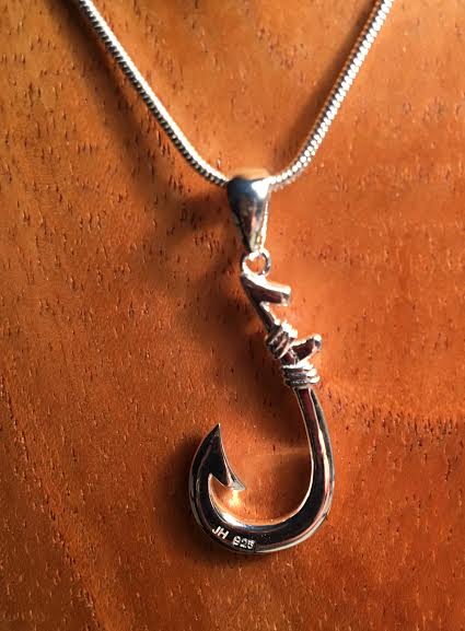 Fine Engraved Sterling Silver Female Two Sided Hawaiian Serrated Fish Hook  Pendant